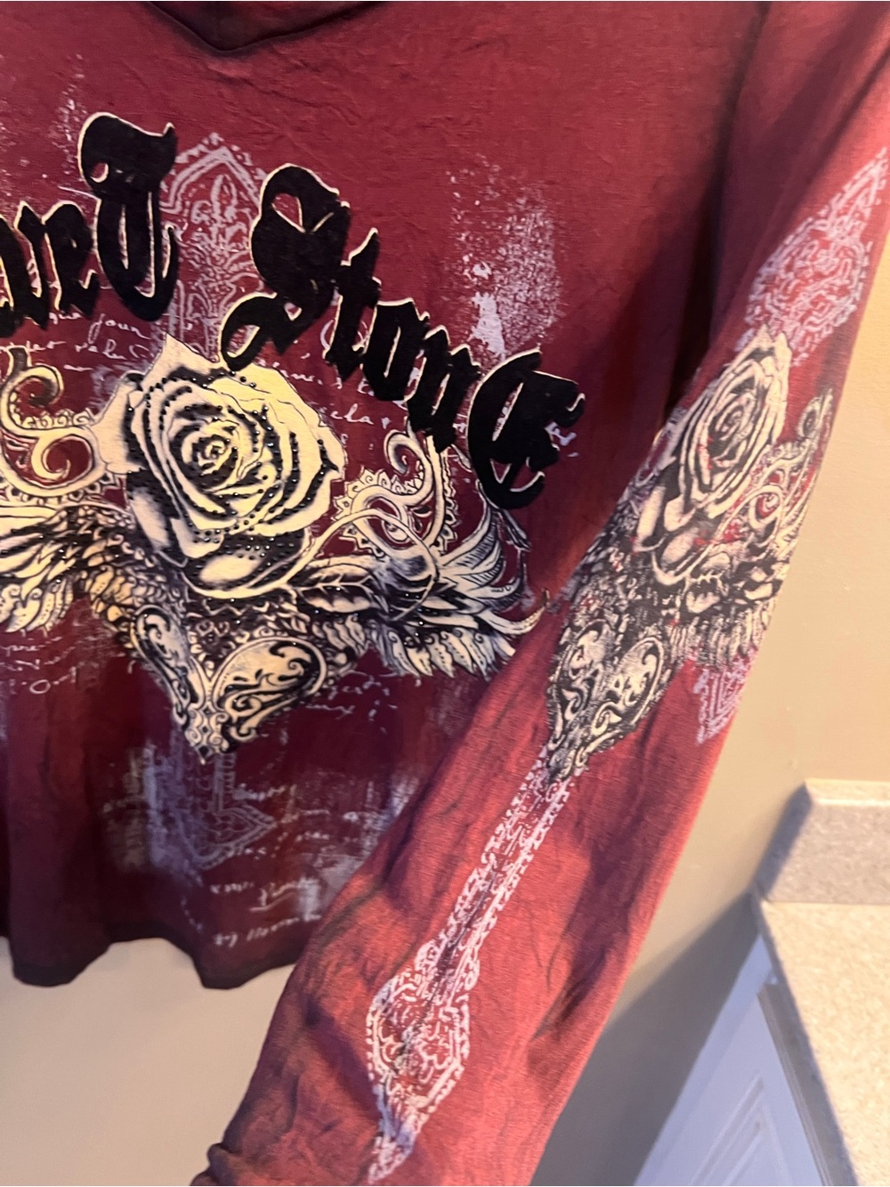 Velvet Stone Maroon Graphic V-Neck Long Sleeve Top - Picture 6 of 7